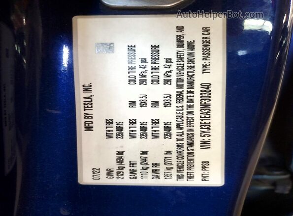 5YJ3E1EA3NF303840 2022 TESLA MODEL Синий Вид подкапотного пространства