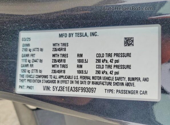 5YJ3E1EA3SF993097 2025 TESLA MODEL Black 