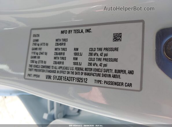 5YJ3E1EA3TF192512 2026 TESLA MODEL 3 White Engine compartment view