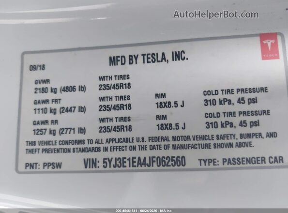 5YJ3E1EA4JF062560 2018 TESLA MODEL 3 White Շարժիչի բաժամունքի տեսք