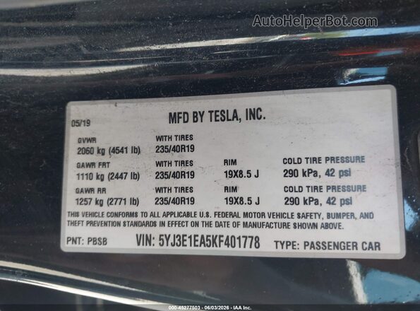 5YJ3E1EA5KF401778 2019 TESLA MODEL 3 Black Widok komory silnika
