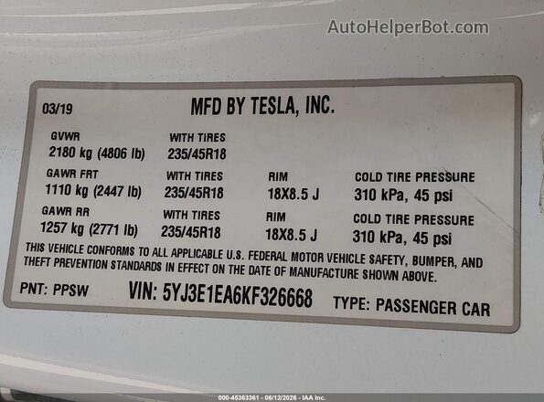 5YJ3E1EA6KF326668 2019 TESLA MODEL 3 White ძრავის განყოფილების ხედი