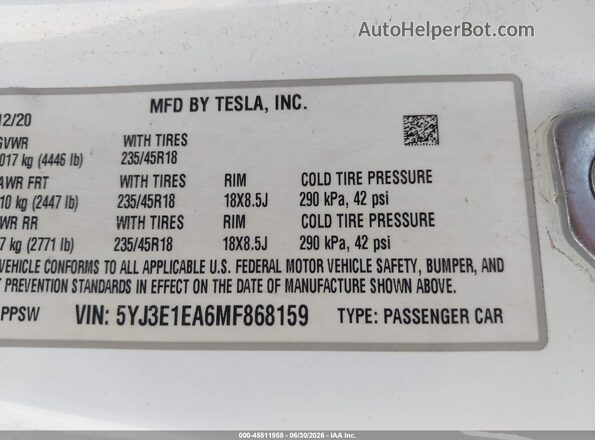 5YJ3E1EA6MF868159 2021 TESLA MODEL 3 White Widok komory silnika
