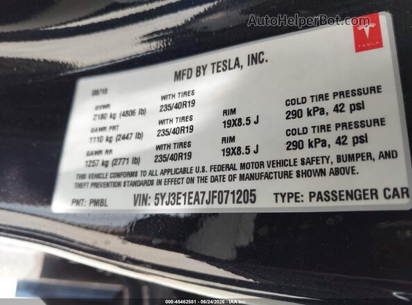 5YJ3E1EA7JF071205 2018 TESLA MODEL 3 Black ძრავის განყოფილების ხედი