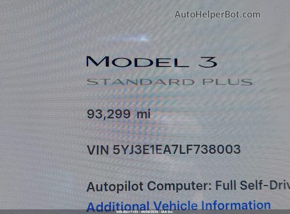 5YJ3E1EA7LF738003 2020 TESLA MODEL 3 White 