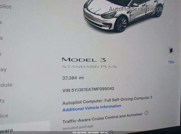 5YJ3E1EA7MF099042 2021 TESLA MODEL 3 White Հետևի նստատեղերի տեսք