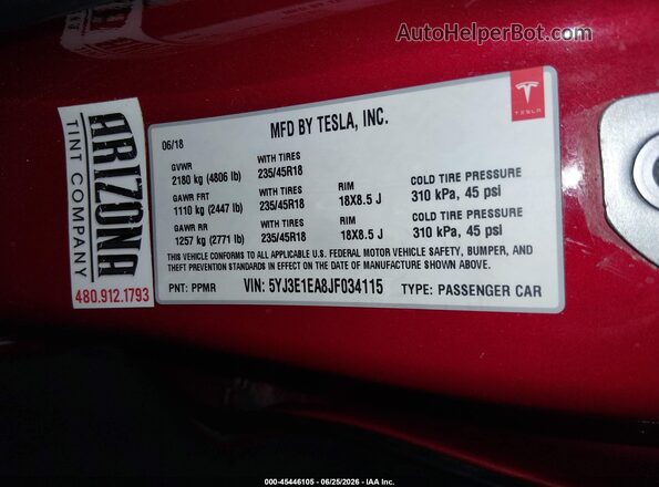 5YJ3E1EA8JF034115 2018 TESLA MODEL 3 Red ძრავის განყოფილების ხედი