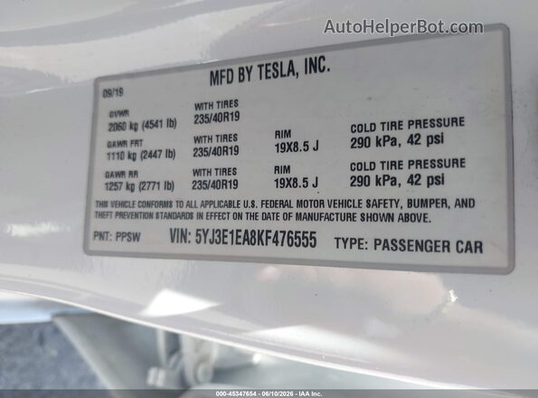 5YJ3E1EA8KF476555 2019 TESLA MODEL 3 White ძრავის განყოფილების ხედი