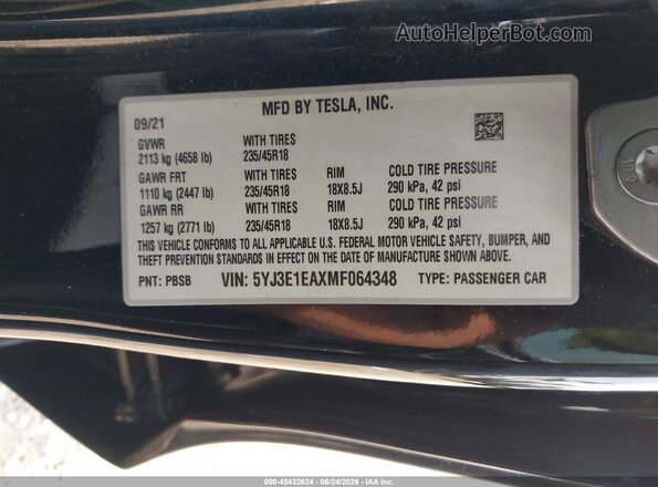 5YJ3E1EAXMF064348 2021 TESLA MODEL 3 Black Widok komory silnika