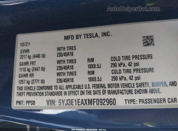 5YJ3E1EAXMF092960 2021 TESLA MODEL 3 Blue ძრავის განყოფილების ხედი