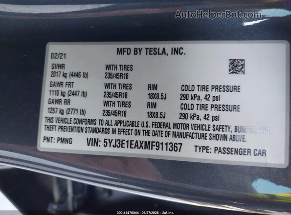 5YJ3E1EAXMF911367 2021 TESLA MODEL 3 Gray Widok komory silnika