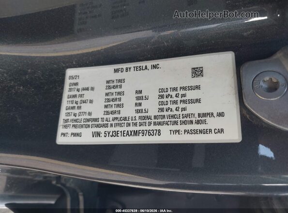 5YJ3E1EAXMF976378 2021 TESLA MODEL 3 Gray Շարժիչի բաժամունքի տեսք