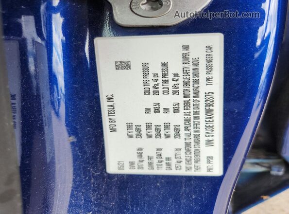 5YJ3E1EAXMF982875 2021 TESLA MODEL Синий Вид подкапотного пространства