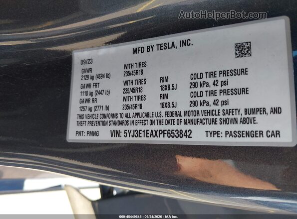 5YJ3E1EAXPF653842 2023 TESLA MODEL 3 Gray Vista del compartimento del motor