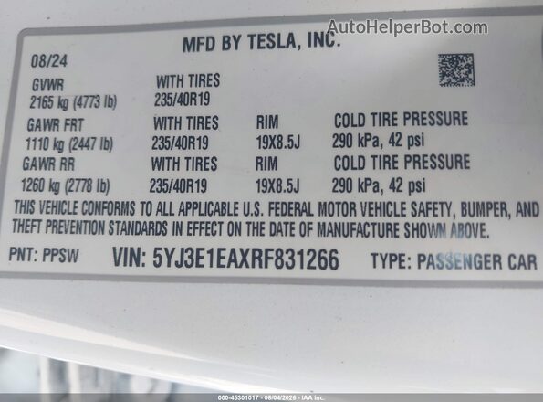 5YJ3E1EAXRF831266 2024 TESLA MODEL 3 Белый Вид подкапотного пространства