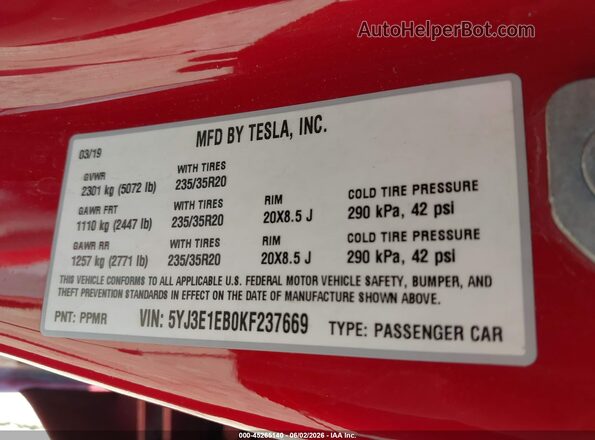 5YJ3E1EB0KF237669 2019 TESLA MODEL 3 Красный Вид подкапотного пространства