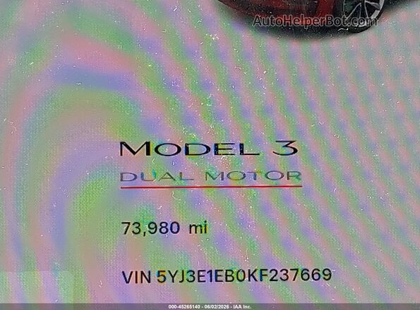5YJ3E1EB0KF237669 2019 TESLA MODEL 3 Красный Панорамный вид салона 360°