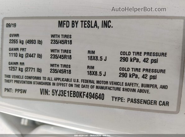 5YJ3E1EB0KF494640 2019 TESLA MODEL 3 White Engine compartment view