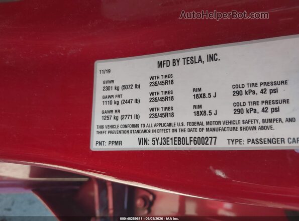 5YJ3E1EB0LF600277 2020 TESLA MODEL 3 Red 