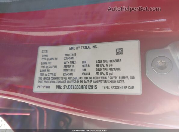 5YJ3E1EB0MF012915 2021 TESLA MODEL 3 Red Widok komory silnika