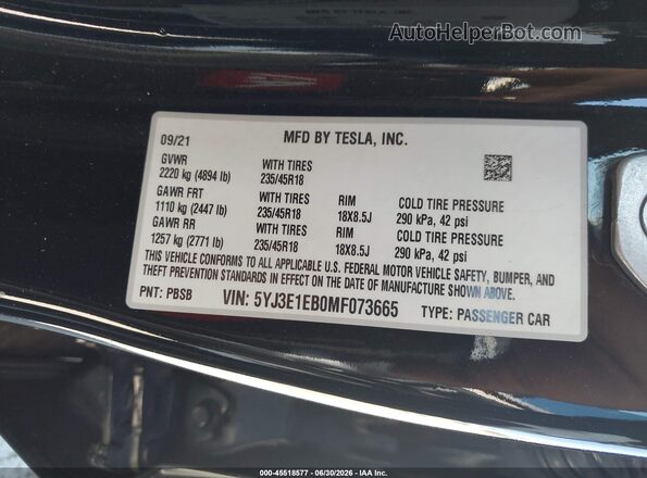 5YJ3E1EB0MF073665 2021 TESLA MODEL 3 Черный Вид подкапотного пространства