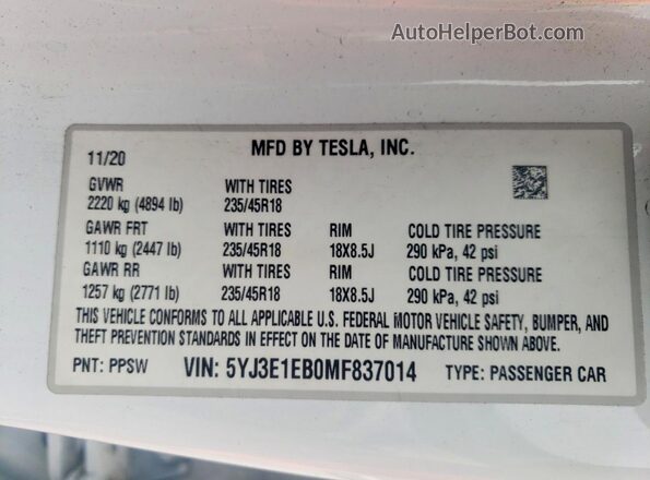 5YJ3E1EB0MF837014 2021 TESLA MODEL Two Tone Engine compartment view