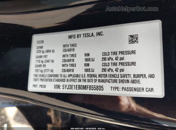 5YJ3E1EB0MF855805 2021 TESLA MODEL 3 Black Вид підкапотного простору