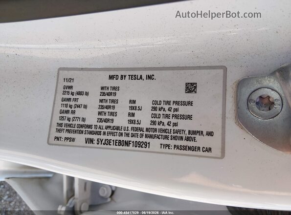 5YJ3E1EB0NF109291 2022 TESLA MODEL 3 White ძრავის განყოფილების ხედი