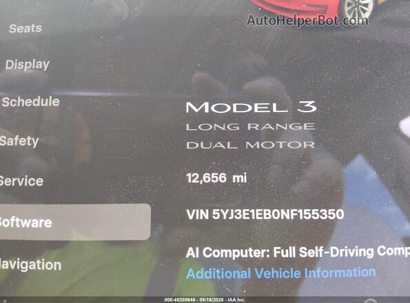 5YJ3E1EB0NF155350 2022 TESLA MODEL 3 White 