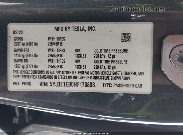 5YJ3E1EB0NF170883 2022 TESLA MODEL 3 Gray Вид підкапотного простору