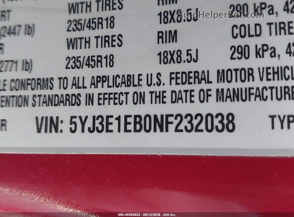 5YJ3E1EB0NF232038 2022 TESLA MODEL 3 Burgundy ძრავის განყოფილების ხედი