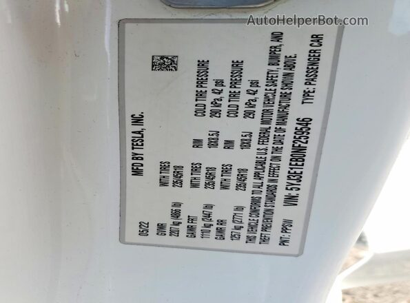 5YJ3E1EB0NF259546 2022 TESLA MODEL White 