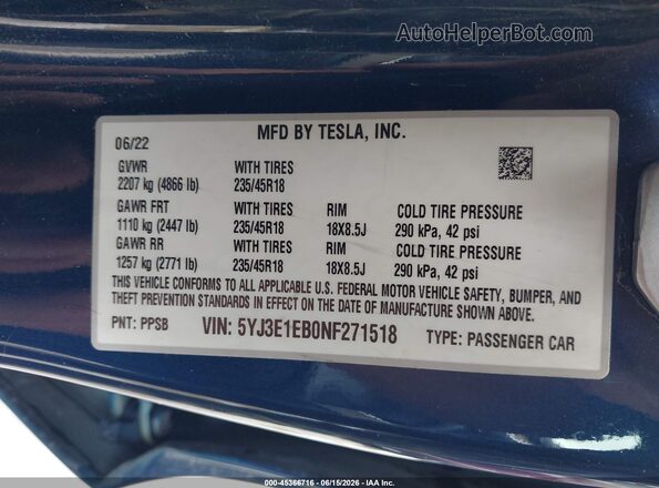 5YJ3E1EB0NF271518 2022 TESLA MODEL 3 Blue Engine compartment view