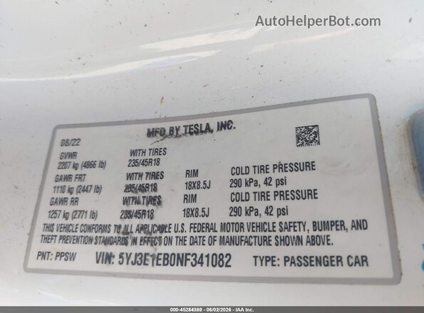 5YJ3E1EB0NF341082 2022 TESLA MODEL 3 Белый Вид подкапотного пространства