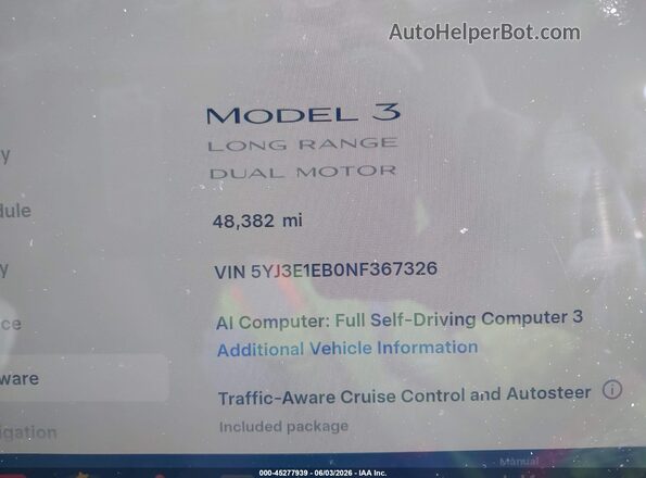 5YJ3E1EB0NF367326 2022 TESLA MODEL 3 White Հետևի նստատեղերի տեսք