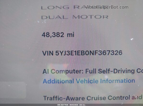5YJ3E1EB0NF367326 2022 TESLA MODEL 3 White Սալոնի 360 աստիճան տեսք
