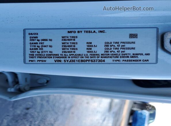 5YJ3E1EB0PF637304 2023 TESLA MODEL White 