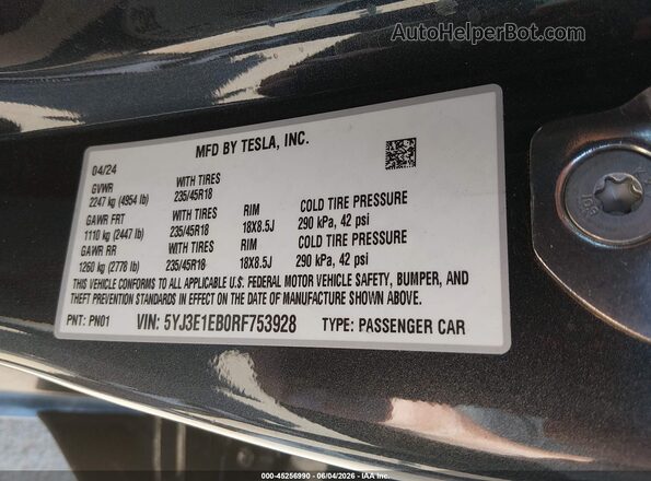 5YJ3E1EB0RF753928 2024 TESLA MODEL 3 Серый Вид подкапотного пространства