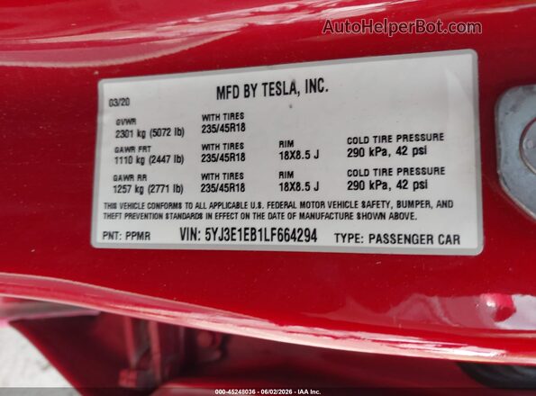 5YJ3E1EB1LF664294 2020 TESLA MODEL 3 Red 