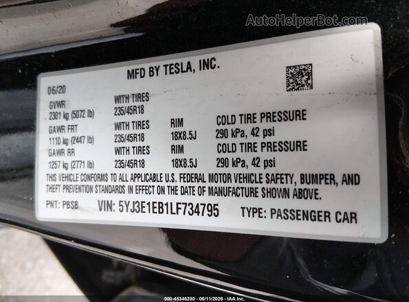 5YJ3E1EB1LF734795 2020 TESLA MODEL 3 Black Widok komory silnika