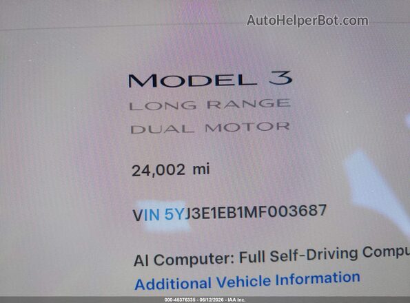 5YJ3E1EB1MF003687 2021 TESLA MODEL 3 Black Widok wnętrza 360 stopni