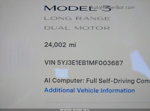 5YJ3E1EB1MF003687 2021 TESLA MODEL 3 Black Widok tylnych siedzeń