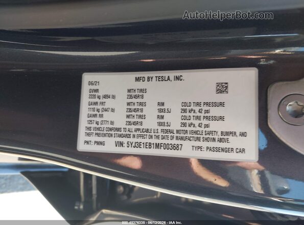 5YJ3E1EB1MF003687 2021 TESLA MODEL 3 Black Widok komory silnika