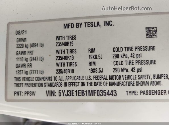 5YJ3E1EB1MF035443 2021 TESLA MODEL 3 Белый Вид подкапотного пространства