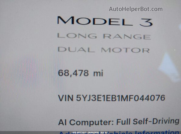 5YJ3E1EB1MF044076 2021 TESLA MODEL 3 White 