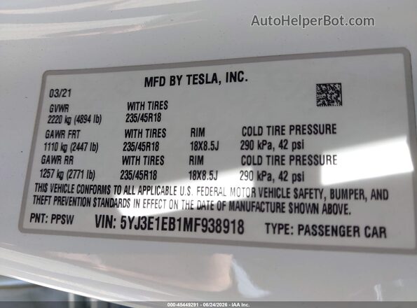 5YJ3E1EB1MF938918 2021 TESLA MODEL 3 White Շարժիչի բաժամունքի տեսք