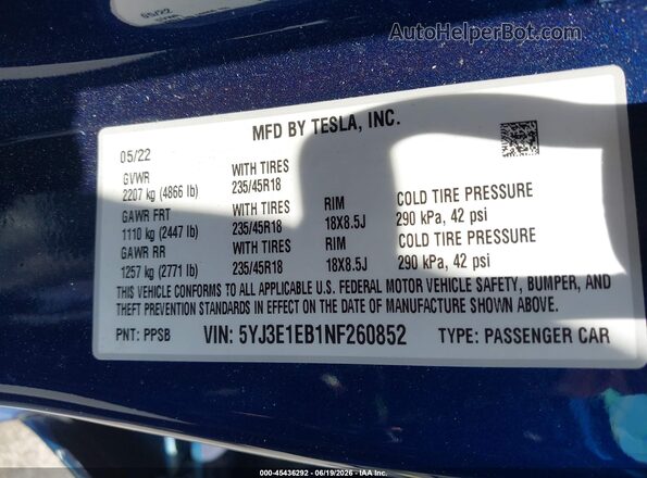 5YJ3E1EB1NF260852 2022 TESLA MODEL 3 Blue Vista del compartimento del motor