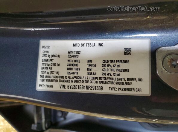 5YJ3E1EB1NF291339 2022 TESLA MODEL Серый 