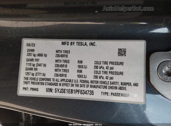 5YJ3E1EB1PF634735 2023 TESLA MODEL 3 Gray Widok komory silnika