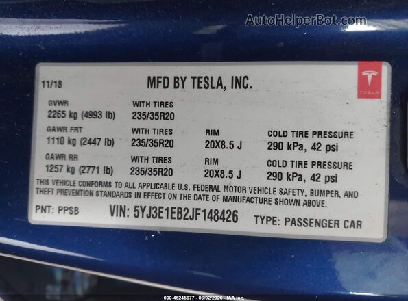 5YJ3E1EB2JF148426 2018 TESLA MODEL 3 Blue Engine compartment view